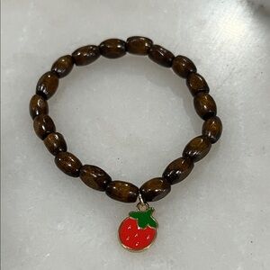 Brown Wood Beaded Bracelet with Strawberry Enamel Charm